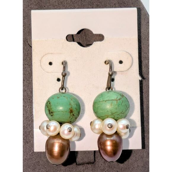 VTG 925 Green Turquoise Freshwater White and Chocolate Pearl Dangle Earrings - Picture 3 of 4